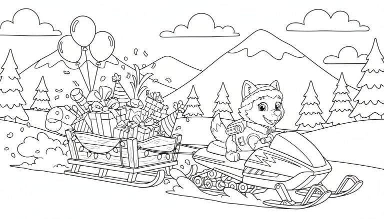 Kleurplaat van een blij cartoonhondje (Everest) op een sneeuwscooter die een slee vol cadeautjes trekt door een besneeuwd berglandschap met dennenbomen.