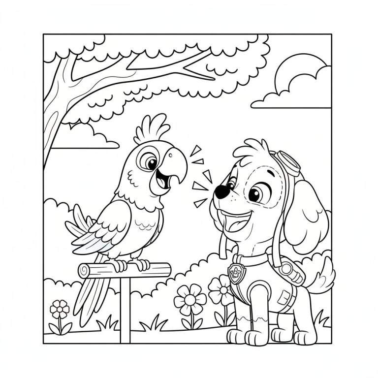 Zwart-wit kleurplaat van een vrolijke hond in uniform met vliegbril en een lachende papegaai op een zitstok, in een natuurlijke omgeving met boom, gras en bloemen. Doet denken aan Paw Patrol's Skye.