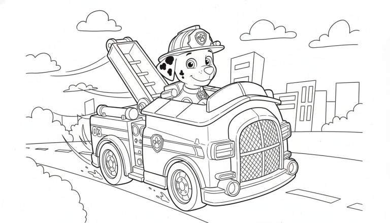 Zwart-wit kleurplaat van Marshall van Paw Patrol die lachend zijn brandweerwagen met uitschuifbare ladder bestuurt op een weg in een stadslandschap met wolken.