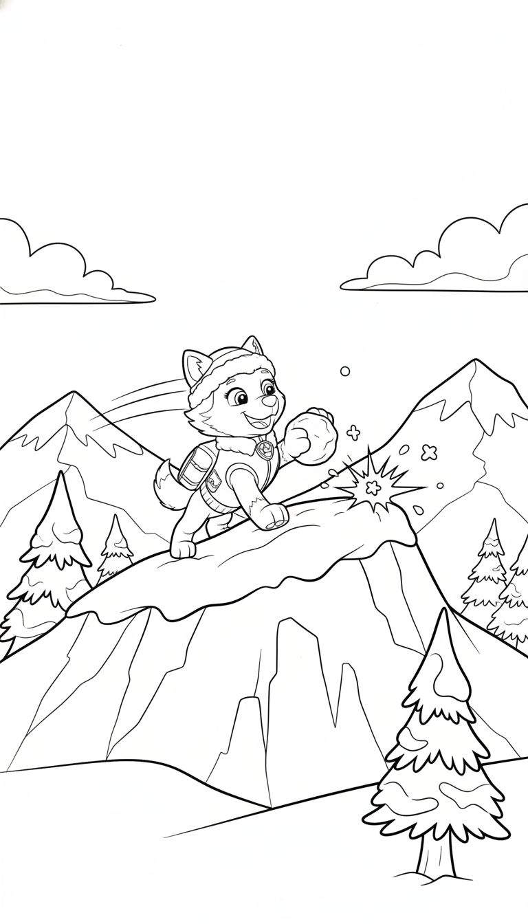 Kleurplaat van een vrolijk hondje, lijkend op Everest van Paw Patrol, dat met een sneeuwbal over een besneeuwde bergtop rent in een winters landschap met dennenbomen en bergen.