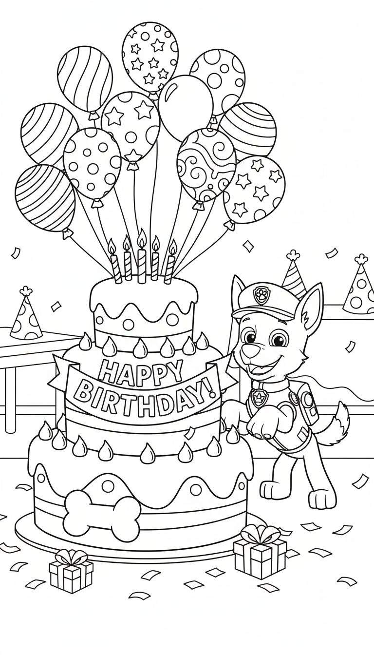 Zwart-wit kleurplaat van een verjaardagsfeestje met een vrolijke hond (lijkt op Chase van Paw Patrol) naast een feesttaart met zes kaarsjes, omringd door ballonnen, confetti en cadeautjes.