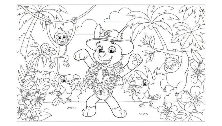 Kleurplaat van Tracker de Paw Patrol hond in safarihoed en zwembroek, lachend in een tropische jungle met een lachende aap, ontspannen luiaard en twee toekans.