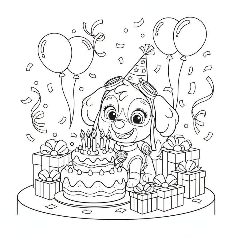 Kleurplaat van Skye, een vrolijk lachend hondje met feestmuts en pilotenbril, zittend voor een tweelaagse verjaardagstaart met kaarsjes. Om Skye heen liggen cadeautjes, ballonnen en confetti, wat een feestelijke verjaardagsscène creëert.