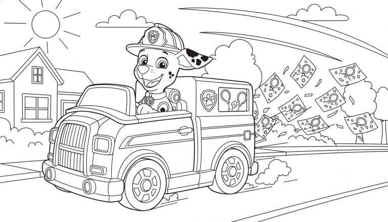 Zwart-wit kleurplaat van Marshall van Paw Patrol, lachend in zijn brandweerwagen. Feestuitnodigingen met ballonnen vliegen uit de achterkant. Zon, huis, bomen en wolken op de achtergrond.