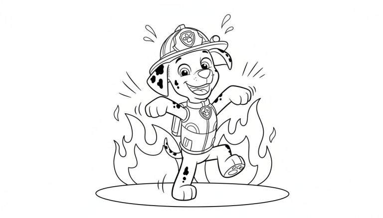 Zwart-wit kleurplaat van Marshall van Paw Patrol in brandweeruniform, dansend of blussend in een cirkel van vlammen met waterspetters en een vrolijke lach.