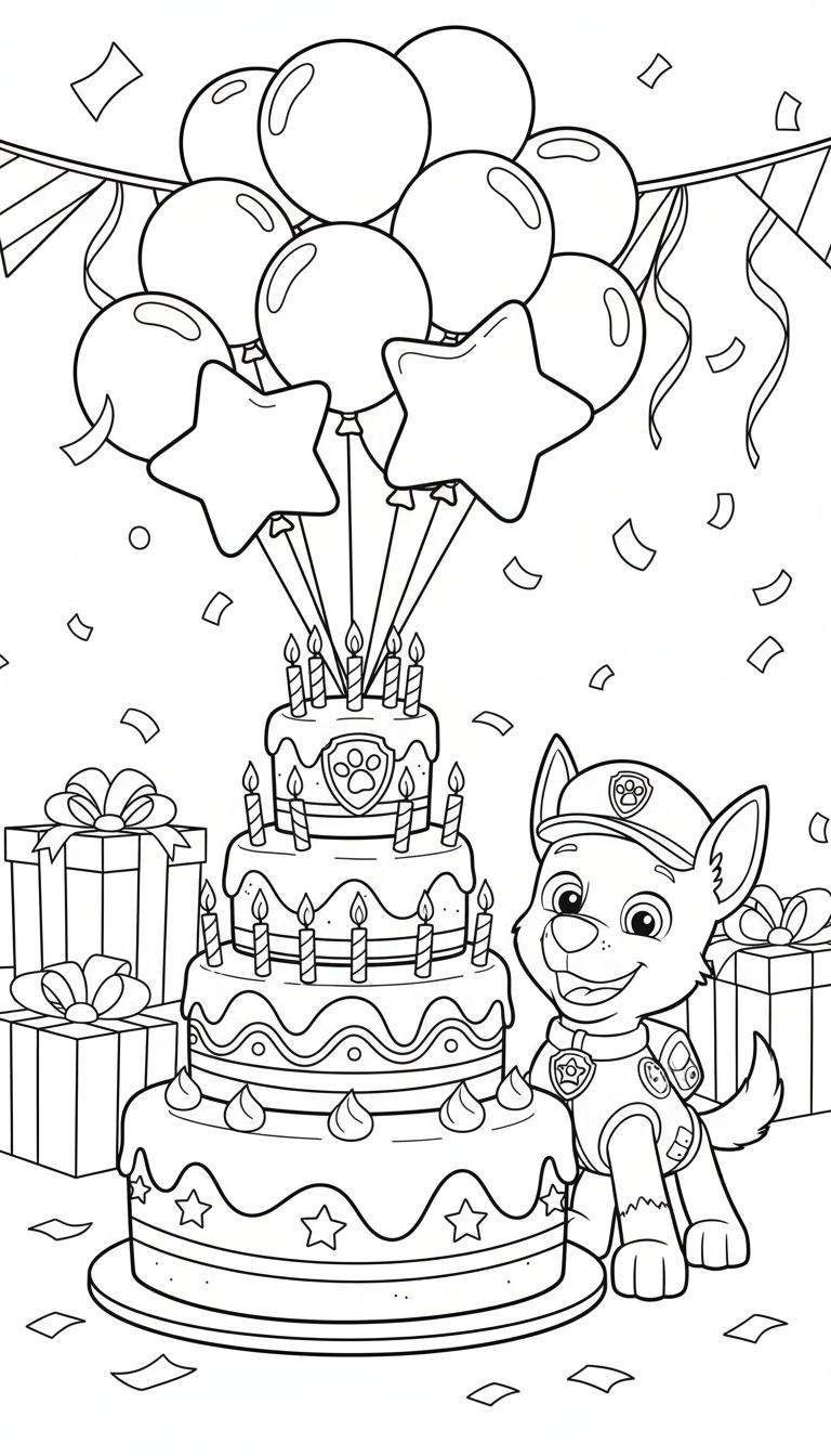 Kleurplaat van Chase van Paw Patrol lachend naast een grote verjaardagstaart met brandende kaarsjes, omringd door ballonnen, confetti en cadeautjes.
