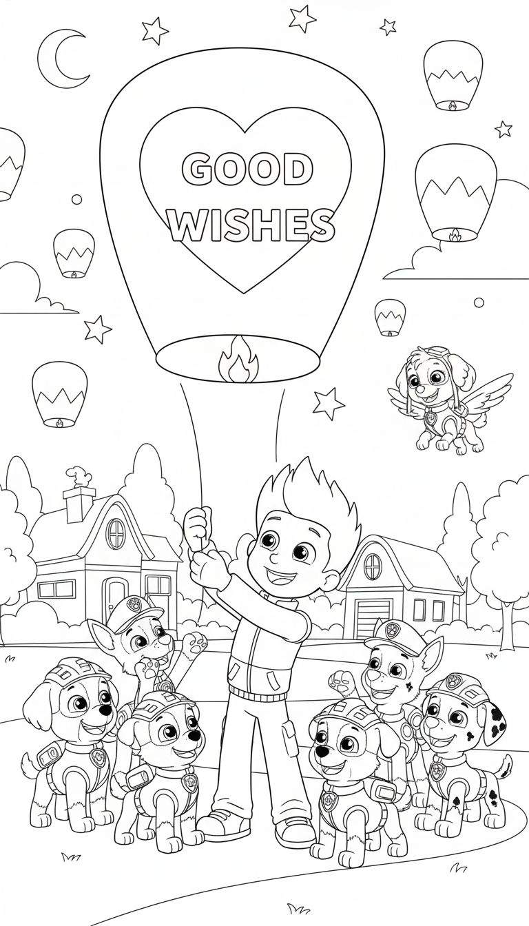 Zwart-wit kleurplaat van Paw Patrol met Ryder die een hartvormige wensballon met 'GOOD WISHES' oplaat, omringd door vrolijke pups zoals Rubble, Chase en Marshall. Skye vliegt in een hemel vol kleine ballonnen en sterren, met huizen en bomen op de achtergrond.