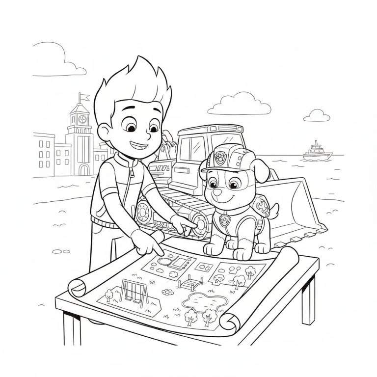 Zwart-wit kleurplaat van Ryder en Rubble, met Rubble in bouwhelm, die samen een gedetailleerde bouwplattegrond van een park bekijken. Op de achtergrond is een grote bulldozer, stadse gebouwen met een klokkentoren, en water met een boot te zien.