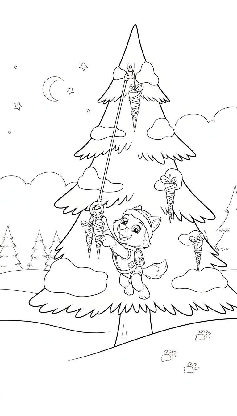 Kleurplaat van Everest, de Paw Patrol wolfspup, hangend in een besneeuwde kerstboom met wortelcadeautjes onder een nachtelijke sterrenhemel. Pootafdrukken in de sneeuw op de voorgrond.