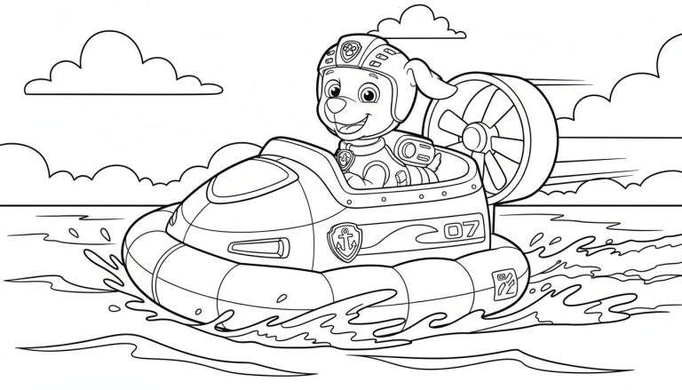 Kleurplaat van Zuma van Paw Patrol in een snelle hovercraft met nummer 07, varend over het water met golven en spetters.