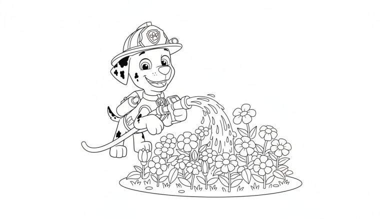 Kleurplaat van Marshall de dalmatiër van Paw Patrol, met brandweerhelm, die bloemen water geeft met een tuinslang.
