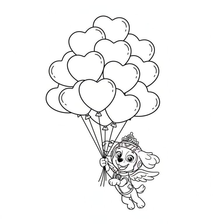 Kleurplaat van Skye van Paw Patrol als engel met kroon en vleugels, vrolijk zwevend aan een grote tros hartjesballonnen.