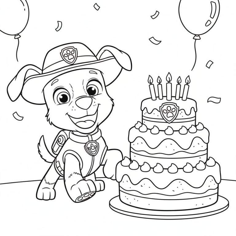 Kleurplaat van Paw Patrol puppy Tracker die lachend poseert met een drielaagse verjaardagstaart met zes brandende kaarsjes en ballonnen op de achtergrond.
