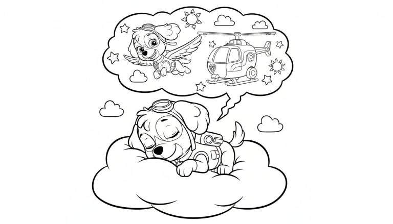 Zwart-wit kleurplaat van Skye (Paw Patrol) slapend op een wolk met vliegbril, dromend over vliegen met vleugels en een helikopter tussen sterren en een zon.