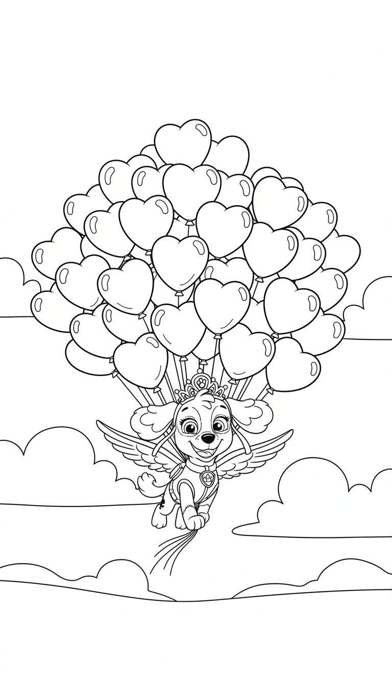 Kleurplaat van Skye van Paw Patrol als prinses met vleugels, vliegend aan hartvormige ballonnen tussen de wolken.