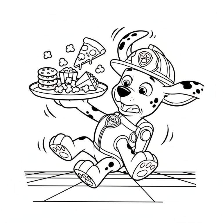 Zwart-wit kleurplaat van Marshall uit Paw Patrol die paniekerig rent met een dienblad vol koekjes, pizza, popcorn en taart, met bewegingslijnen die snelheid suggereren.