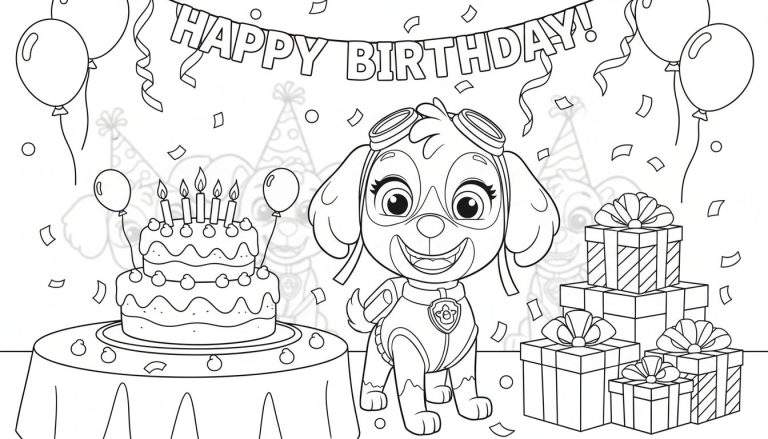 Zwart-wit kleurplaat van een lachende pup (Skye-achtig) op een vrolijk verjaardagsfeest met een tweelaagse taart, brandende kaarsjes, stapels cadeaus en een 'HAPPY BIRTHDAY' slinger.