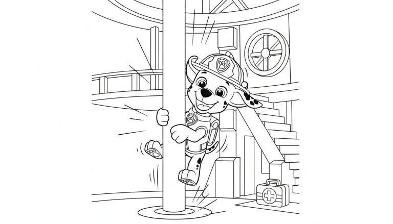 Kleurplaat van Marshall van Paw Patrol als vrolijke brandweerman die langs een glijpaal naar beneden glijdt, omringd door bewegingsstreepjes. Op de achtergrond zijn een trap, een EHBO-koffer en een balustrade te zien in een brandweerkazerne-achtige setting.