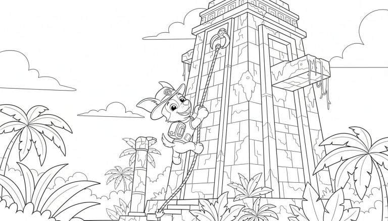 Zwart-wit kleurplaat van vrolijk cartoonhondje Tracker met hoed en rugzak dat een oude jungle tempel beklimt met een touw, omringd door tropische vegetatie.