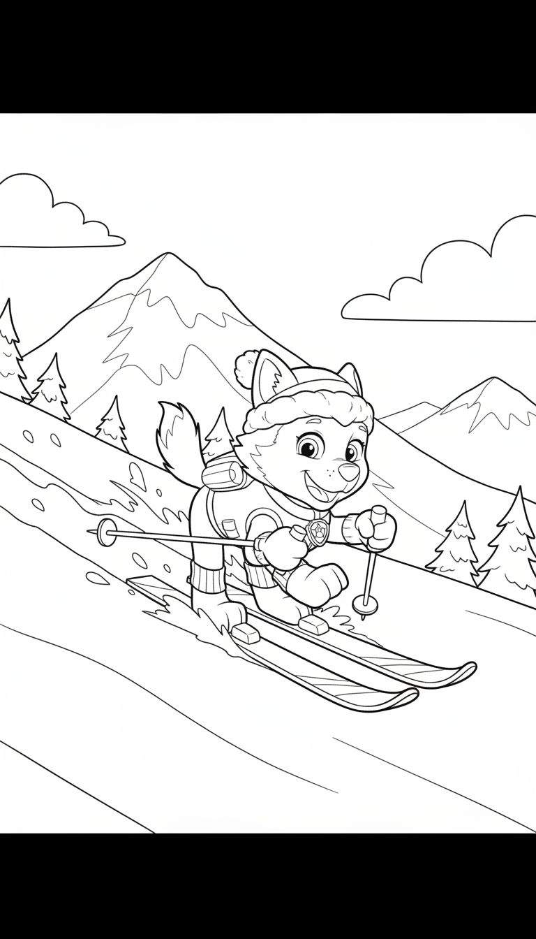 Zwart-wit kleurplaat van Everest de husky (Paw Patrol) die vrolijk skiet in de bergen, compleet met muts, skipak en skistokken, met sneeuw en naaldbomen op de achtergrond.