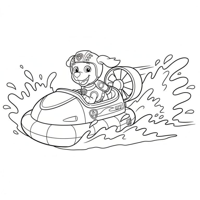 Kleurplaat van Zuma van Paw Patrol in zijn oranje hovercraft met nummer 07, vrolijk lachend, rijdend door water met spetters en golven. De boot heeft een grote propeller en het ankerlogo.