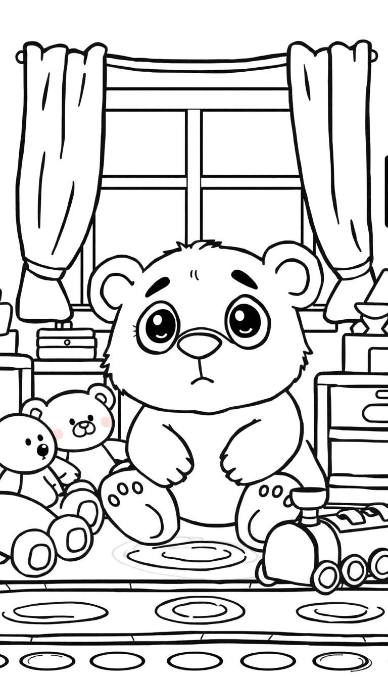 Kleurplaat van een grote, verdrietige bruine beer met grote donkere ogen, zittend op de vloer van een speelkamer. Rondom de beer liggen knuffelberen en een speelgoedtrein. Op de vloer zijn kringen getekend die op waterplassen lijken. Een raam met gordijnen is zichtbaar op de achtergrond.