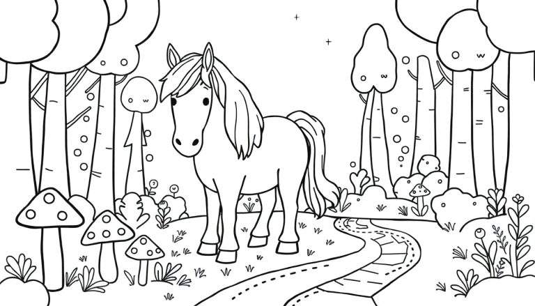 Kleurplaat van een schattig paard met volle manen en staart, staand in een bos met hoge bomen, een kronkelend pad, paddenstoelen en kleine plantjes. Kleine plustekens bovenin symboliseren sterren.