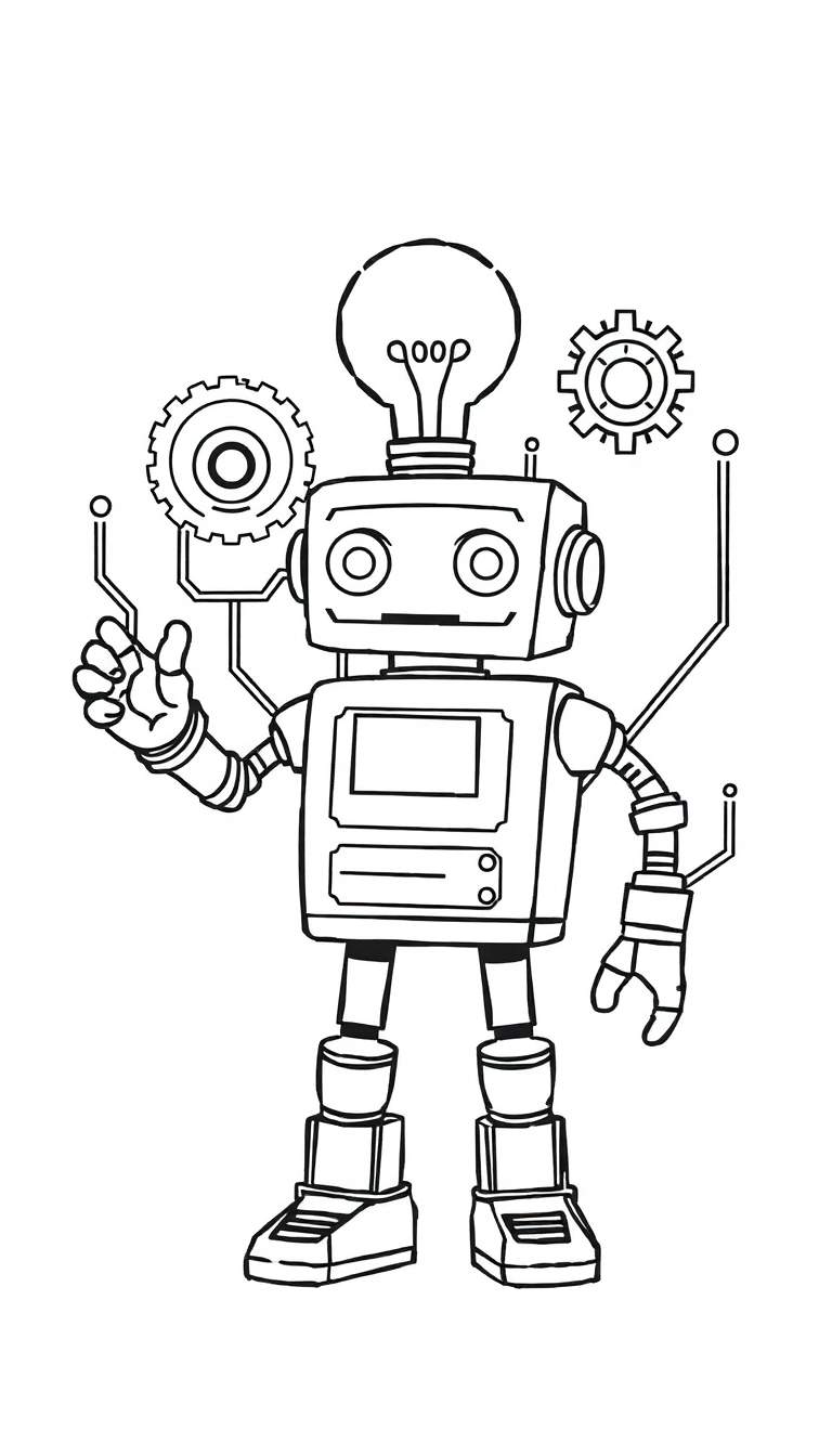 Zwart-wit kleurplaat van een cartoon robot met een gloeilamp boven zijn hoofd, tandwielen, een scherm en twee knoppen.