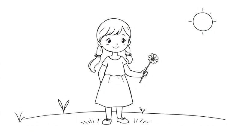 Kleurplaat van een lachend meisje met staartjes, een bloem en de zon in de lucht.