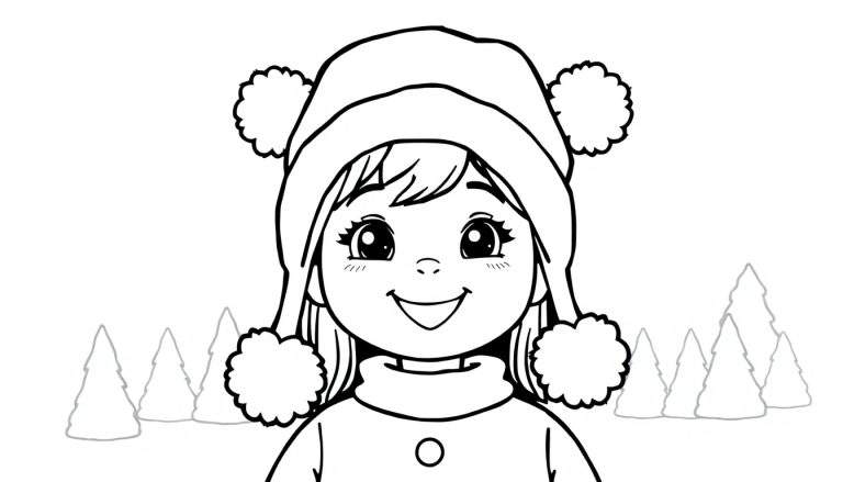 Zwart-wit kleurplaat van een lachend meisje met een wintermuts met pom-poms en dennenbomen op de achtergrond.