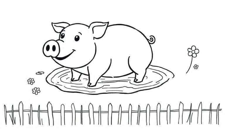 Kleurplaat van een lachend varken in een modderplas met bloemen en een hek.