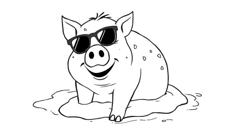 Kleurplaat van een lachend varkentje met zonnebril in de modder, met stippen op zijn rug.