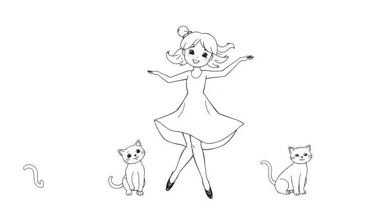 Zwart-wit lijntekening van een lachend meisje in balletpose met twee glimlachende katten ernaast.