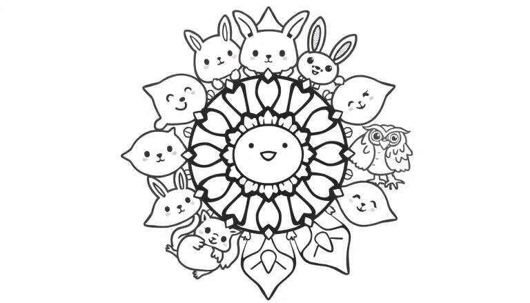 Kleurplaat met een lachende zonbloem mandala omringd door schattige konijntjes, een uil, een eekhoorn en blaadjes met gezichtjes.