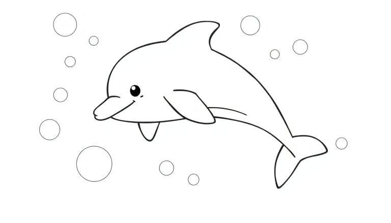 Kleurplaat van een lachende dolfijn omringd door luchtbellen, met een duidelijke lijntekening en witte achtergrond.