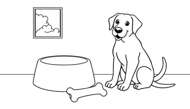 Zwart-wit lijntekening van een lachende hond met hangoren, zittend voor een lege voerbak met een bot ernaast. Een schilderij met wolken hangt aan de muur.