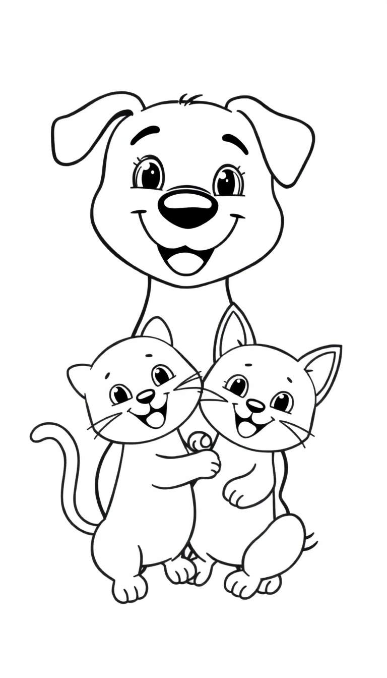 Kleurplaat van een grote, lachende hond met twee schattige, speelse kittens die elkaar knuffelen.