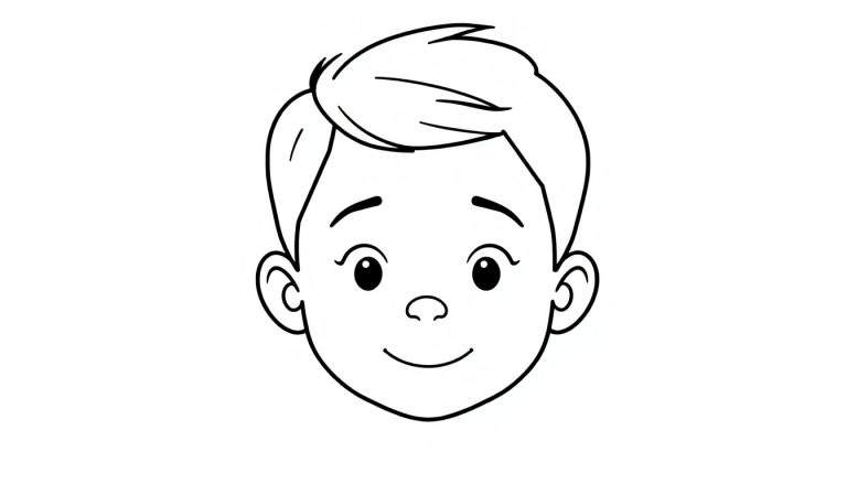 Kleurplaat van een jongen met grote, vriendelijke ogen en een glimlachend gezicht. Zwart-wit cartoontekening.