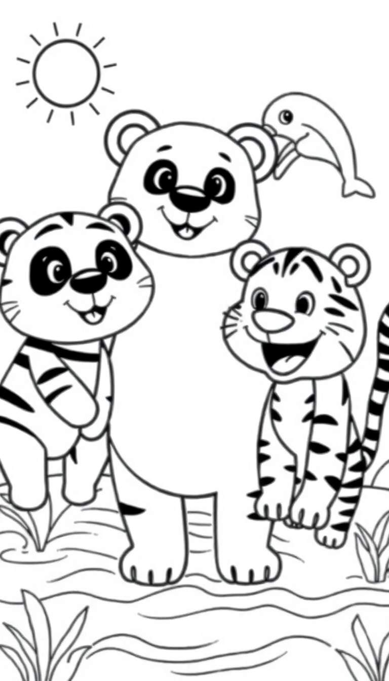Zwart-wit kleurplaat met een lachende grote panda, een kleiner panda welpje, een lachend tijgerwelpje, een dolfijn die uit het water springt en een lachende zon. De dieren staan bij water met plantjes.