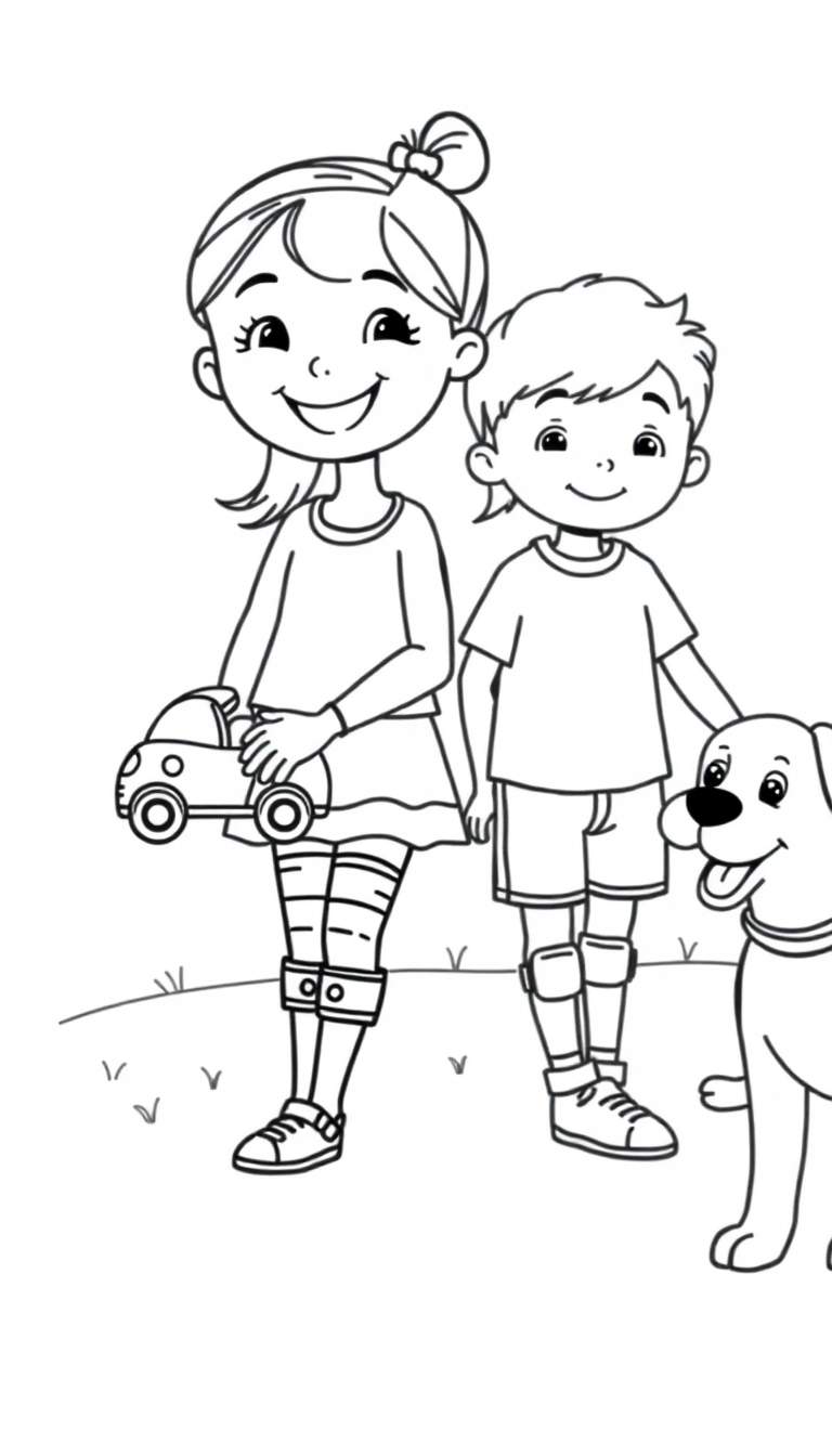 Kleurplaat van een lachend meisje met een autootje, een lachende jongen met kniebeschermers en een lachende hond met tong uit de bek, staand op een grasveld.