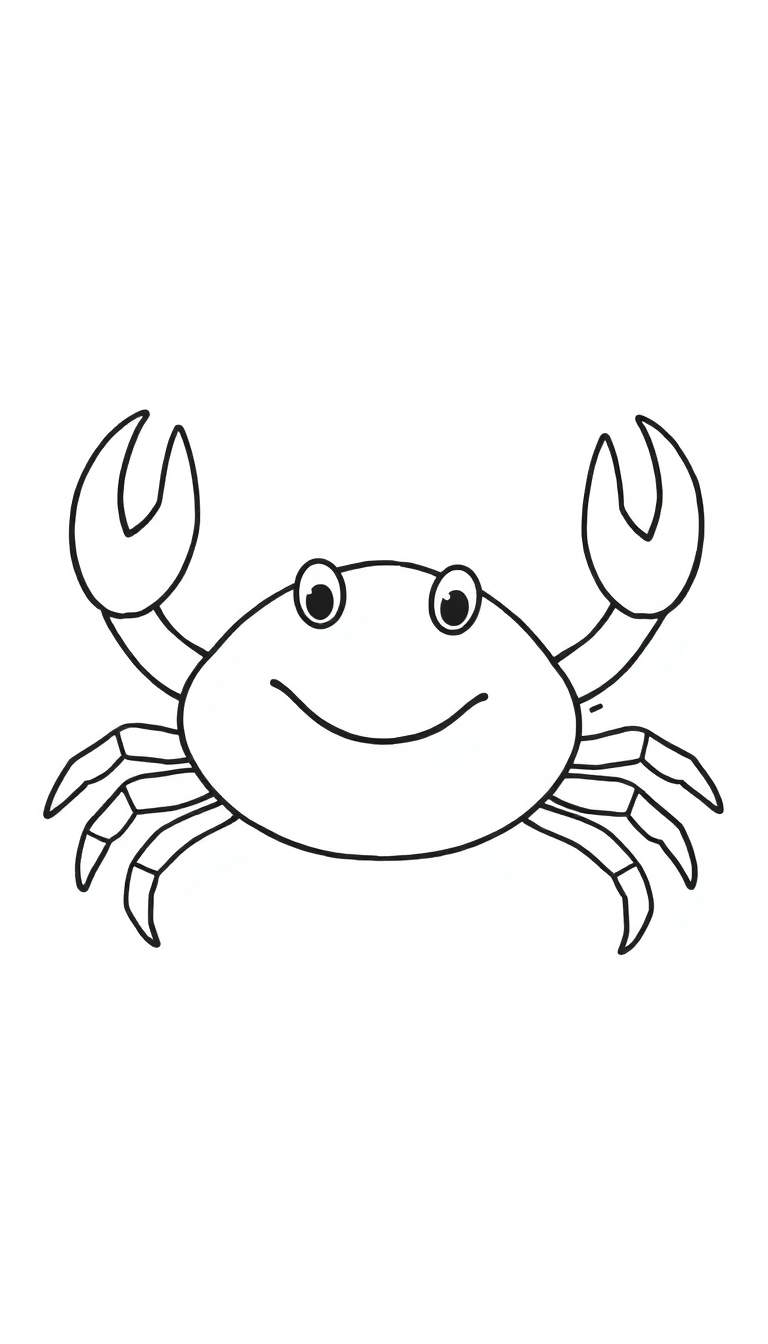 Zwart-wit lijntekening van een lachende krab, geschikt als kleurplaat.