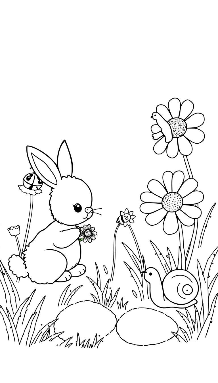 Kleurplaat met een pluizig konijntje dat een bloemetje vasthoudt, omringd door diverse bloemen, een lieveheersbeestje, een bijtje, een vogeltje, gras en een slakje. Lentetafereel.