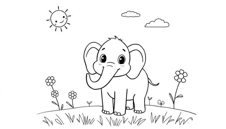 Kleurplaat van een schattige, lachende olifant met grote oren en opgerolde slurf, staand op een glooiende heuvel met bloemen en gras. Links een lachende zon en rechts twee wolkjes.