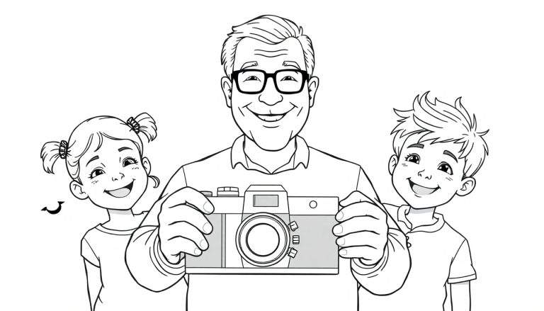 Kleurplaat van een glimlachende man met een camera, een meisje met staartjes en een jongen, die samen wachten op een foto.