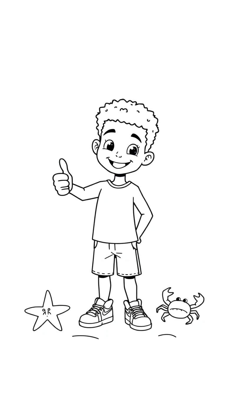 Kleurplaat van een blije jongen met duim omhoog, een zeester met 'A R' erop en een chagrijnige krab.