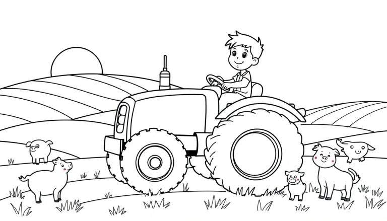 Zwart-wit tekening van een jongen op een tractor met vier varkens op een veld.