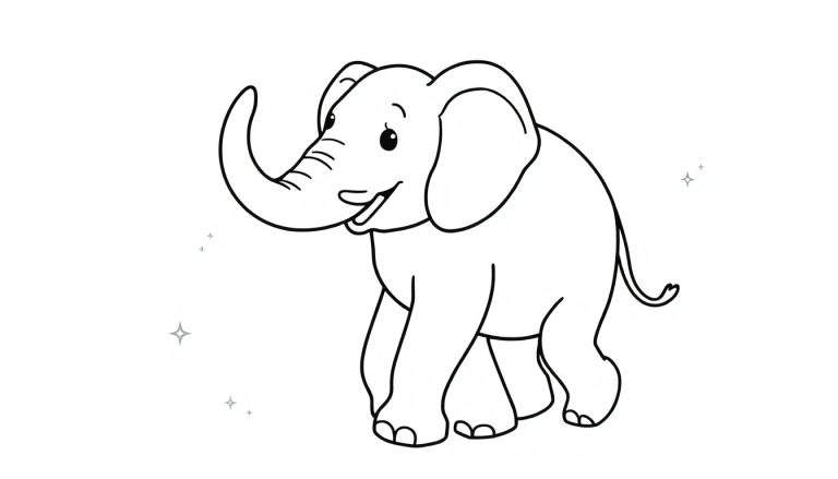 Zwart-witte lijntekening van een lachende olifant met opgerolde slurf, klaar om ingekleurd te worden. Sterretjes in de achtergrond.