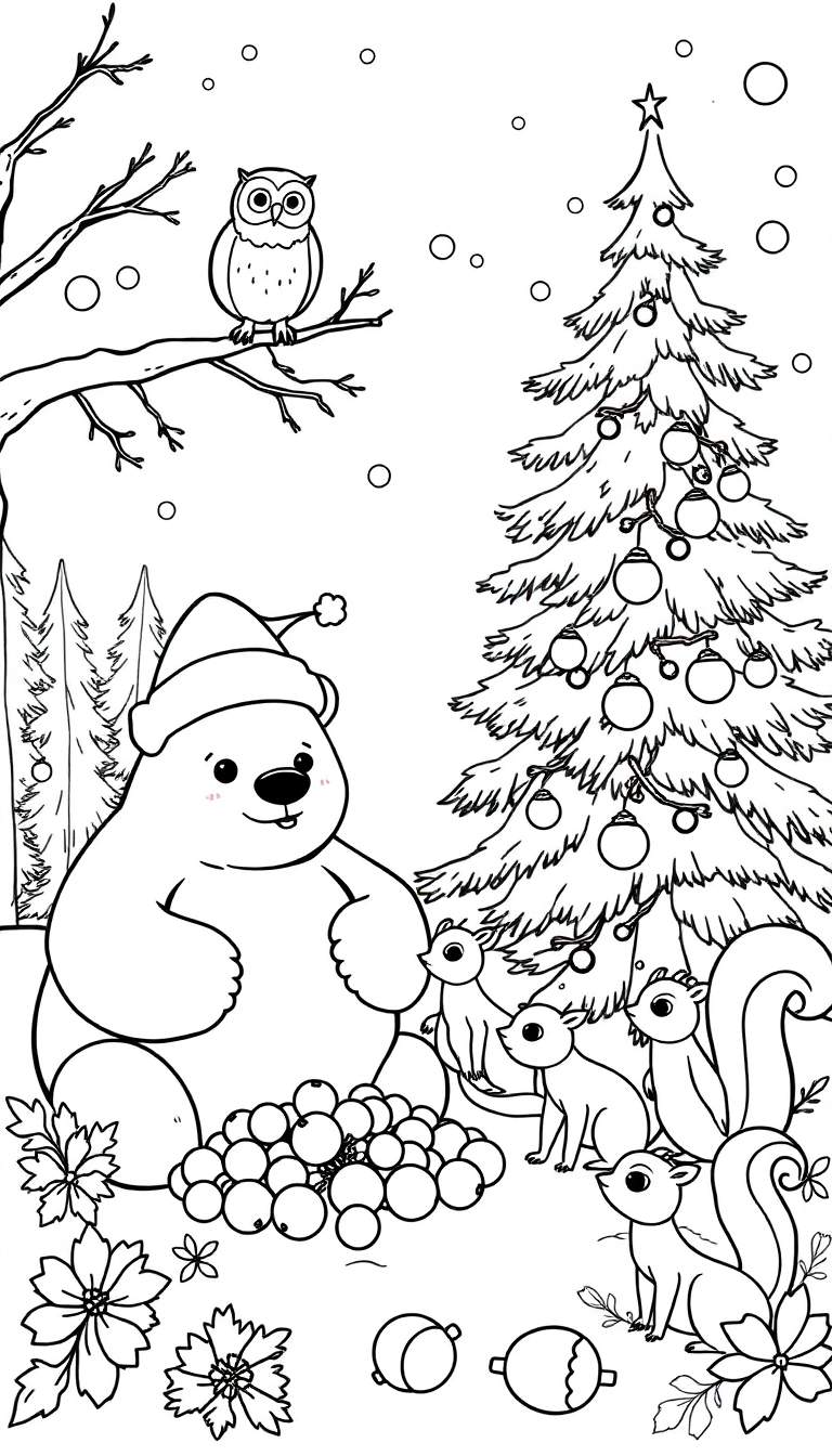 Kleurplaat met een lachende ijsbeer met kerstmuts, omringd door eekhoorns, bessen, kerstballen en een kerstboom, terwijl sneeuwvlokken naar beneden dwarrelen.