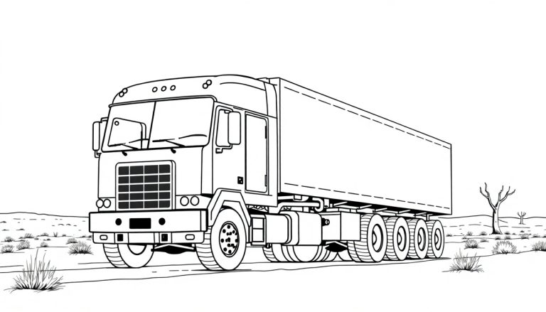 Kleurplaat van een vrachtwagen met oplegger rijdend op een weg in een landschap met kale bomen.
