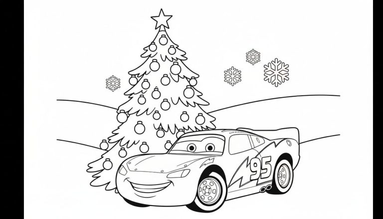 Zwart-wit kleurplaat van Bliksem McQueen met nummer 95, lachend voor een versierde kerstboom met een ster erop, omringd door zwevende sneeuwvlokken en een besneeuwd landschap.